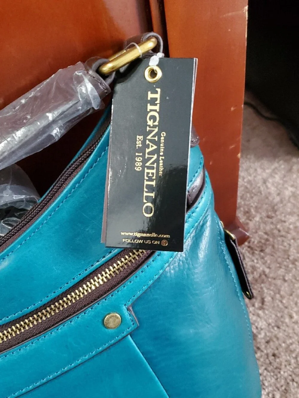 BRAND NEW!!  Tignanello Teal Leather Shoulder Hobo with Gold Hardware